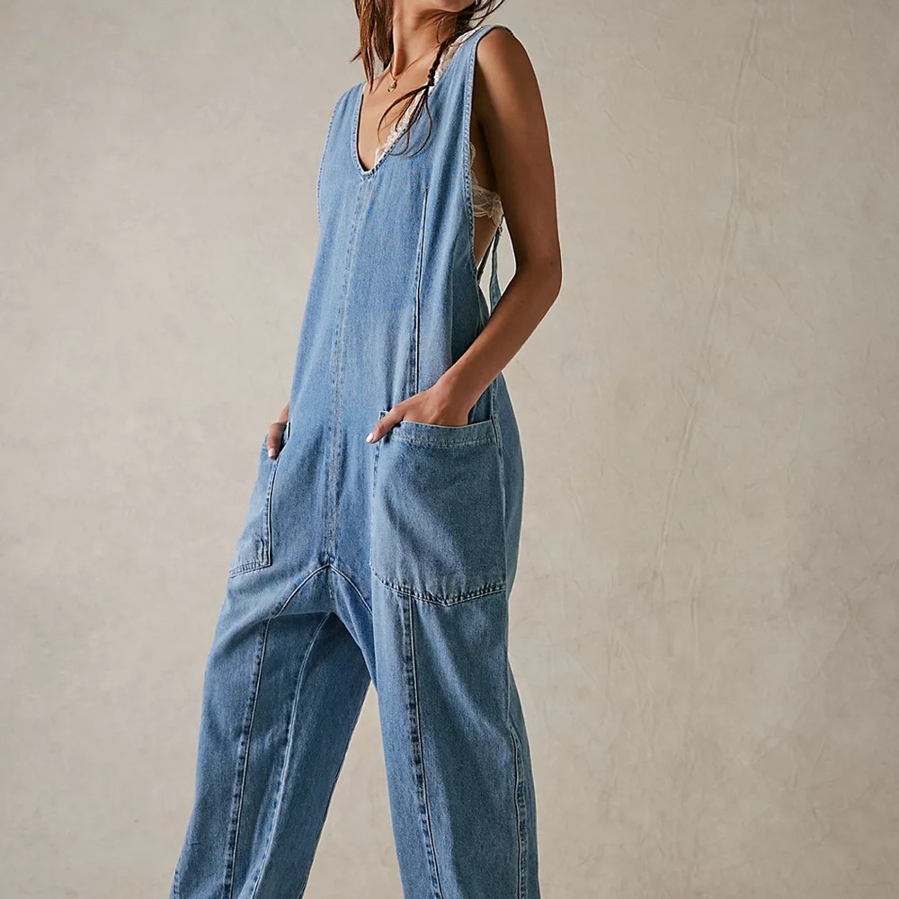 Free People High Roller Jumpsuit / Blue Denim Overalls - size M
